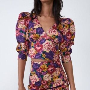 ZARA Retro Puff Sleeve Floral Crop Top Sz S